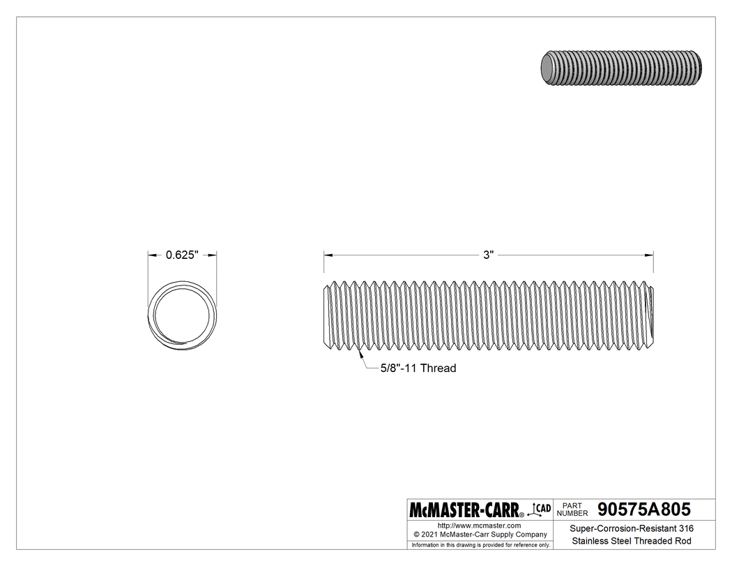 Technical Drawing of Super-Corrosion-Resistant 316 Stainless Steel Threaded Rod, 5/8"-11 Thread Size, 3" Long.